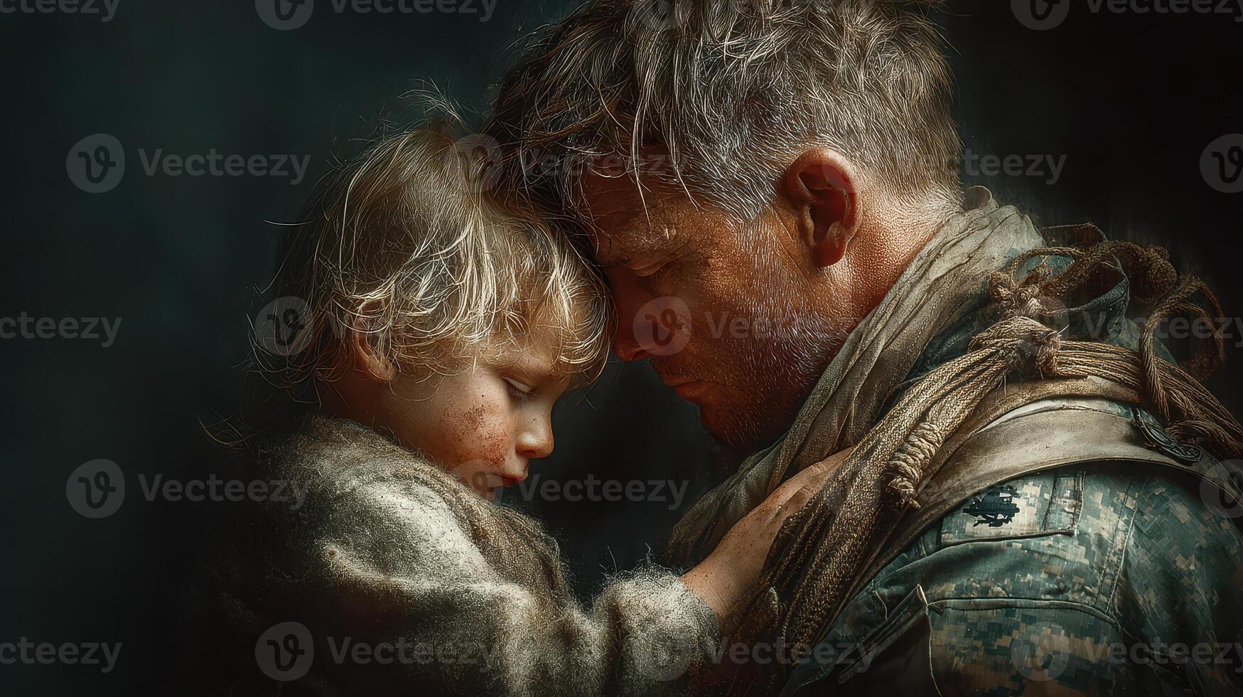 Emotional reunion between a soldier and child in a dimly lit, intimate setting capturing deep connection and resilience photo