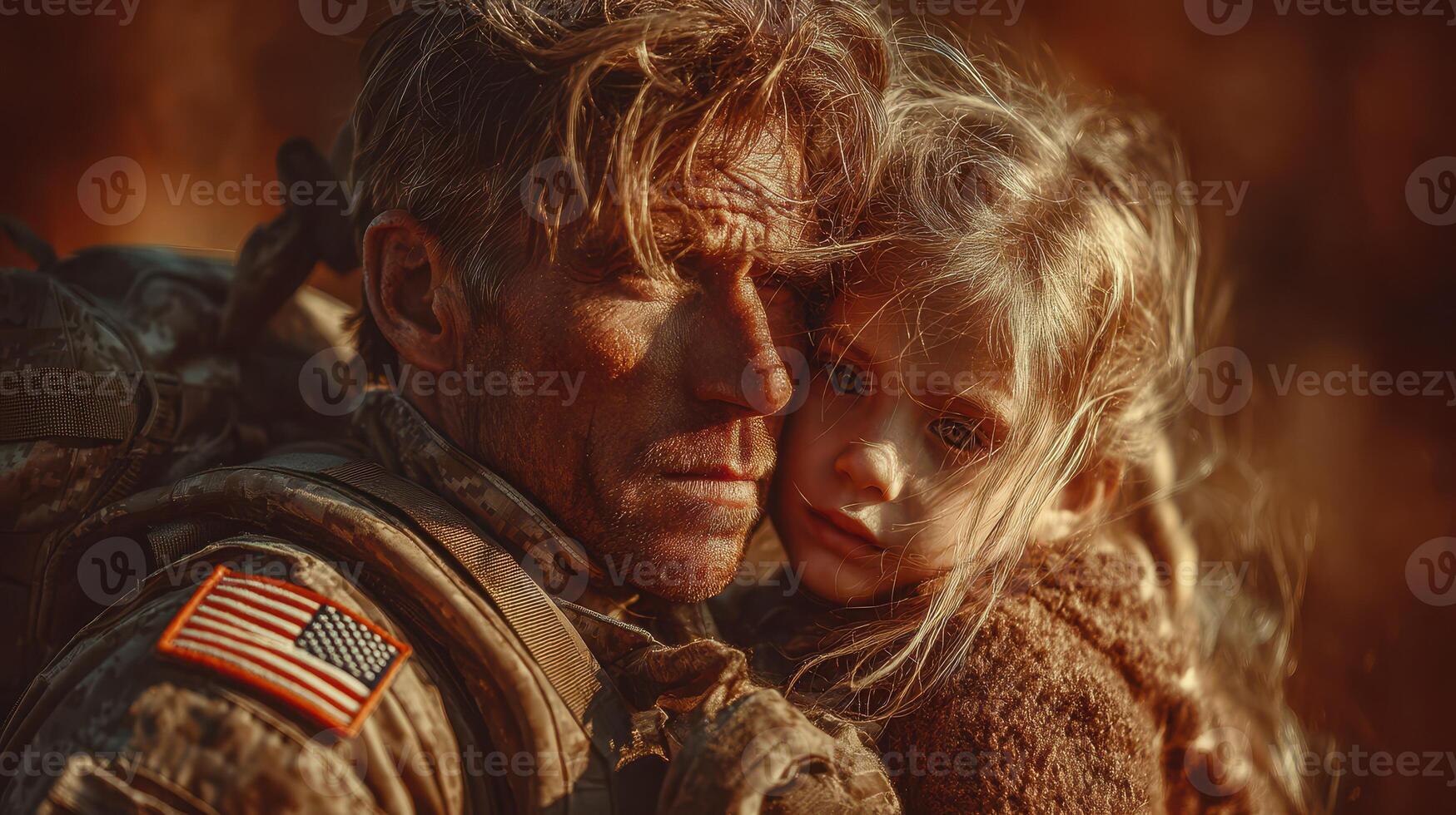 Father holds daughter tightly in a moment of connection during an emotional reunion in a war-torn area at sunset photo