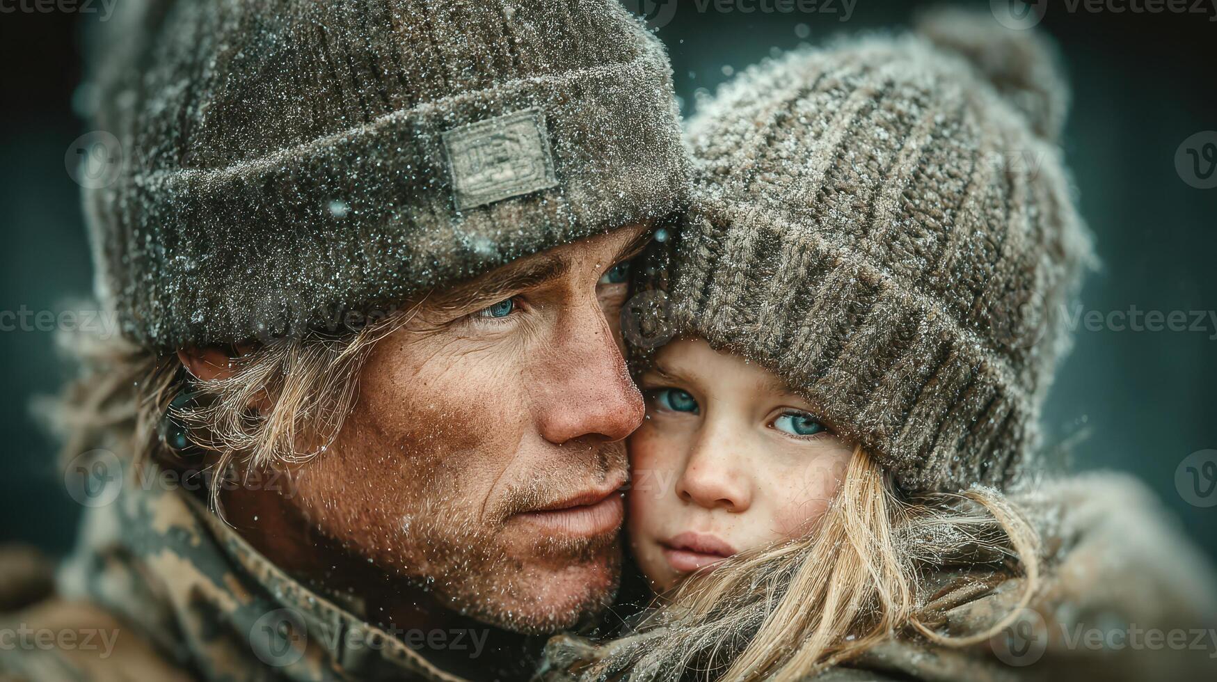Father and daughter embrace in snowy landscape, showcasing love and warmth during winter day photo