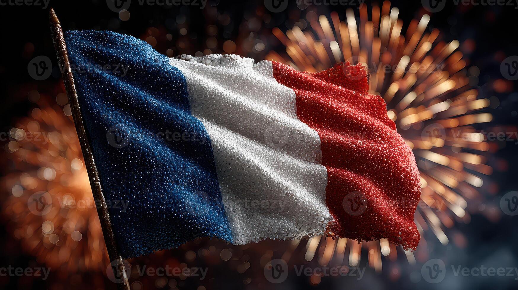 Vibrant display of French flag amidst festive fireworks celebration at night event photo