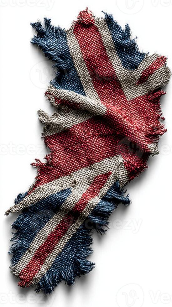 Tattered flag fabric with faded colors and frayed edges displayed on a neutral background, showcasing texture and history photo