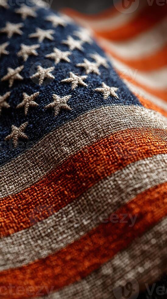 Close-up view of a textured American flag highlighting fabric details and colors during a patriotic celebration photo