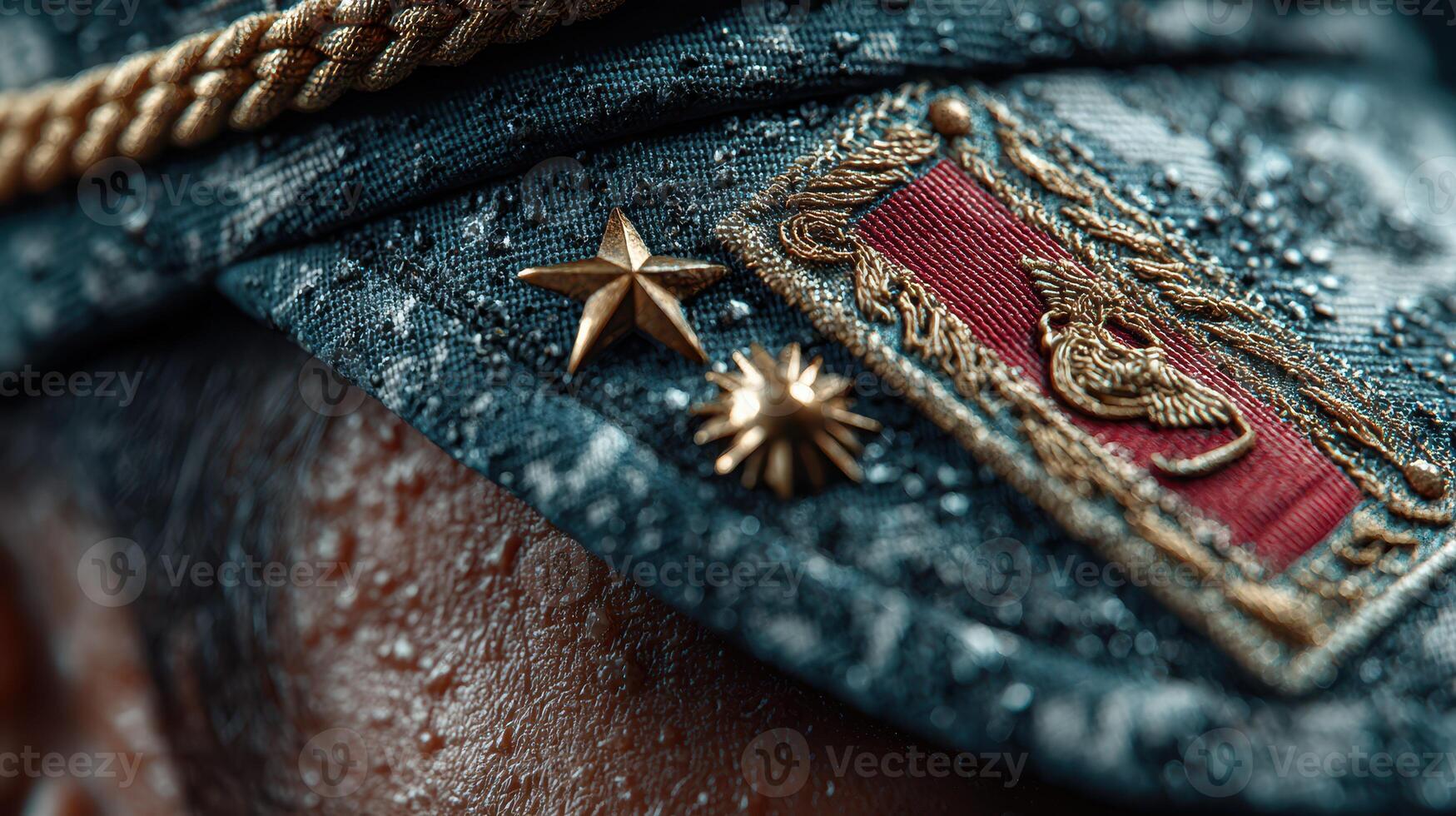 Detailed close-up of military cap showing insignia, water droplets on fabric, conveying a sense of history and respect photo