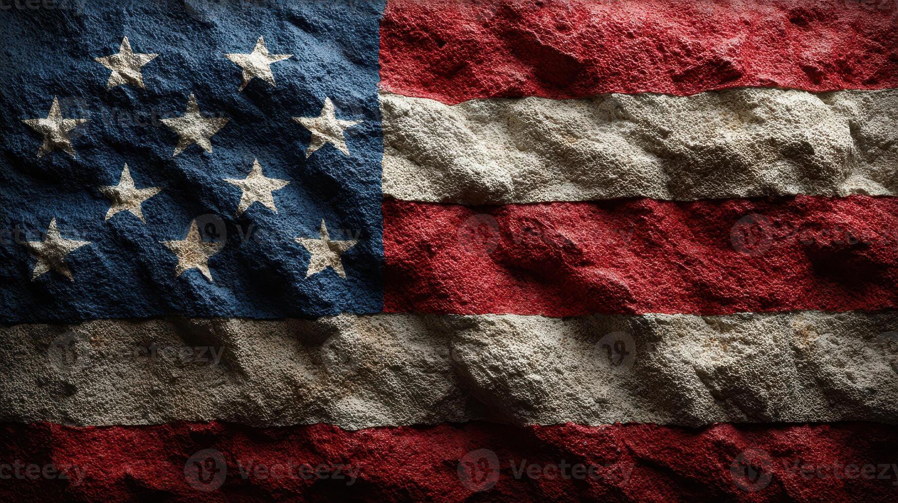 Old and weathered American flag with stars and stripes displayed prominently on textured surface photo