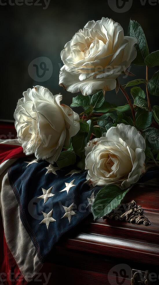 White roses placed on a folded flag representing honor and remembrance after a significant event photo