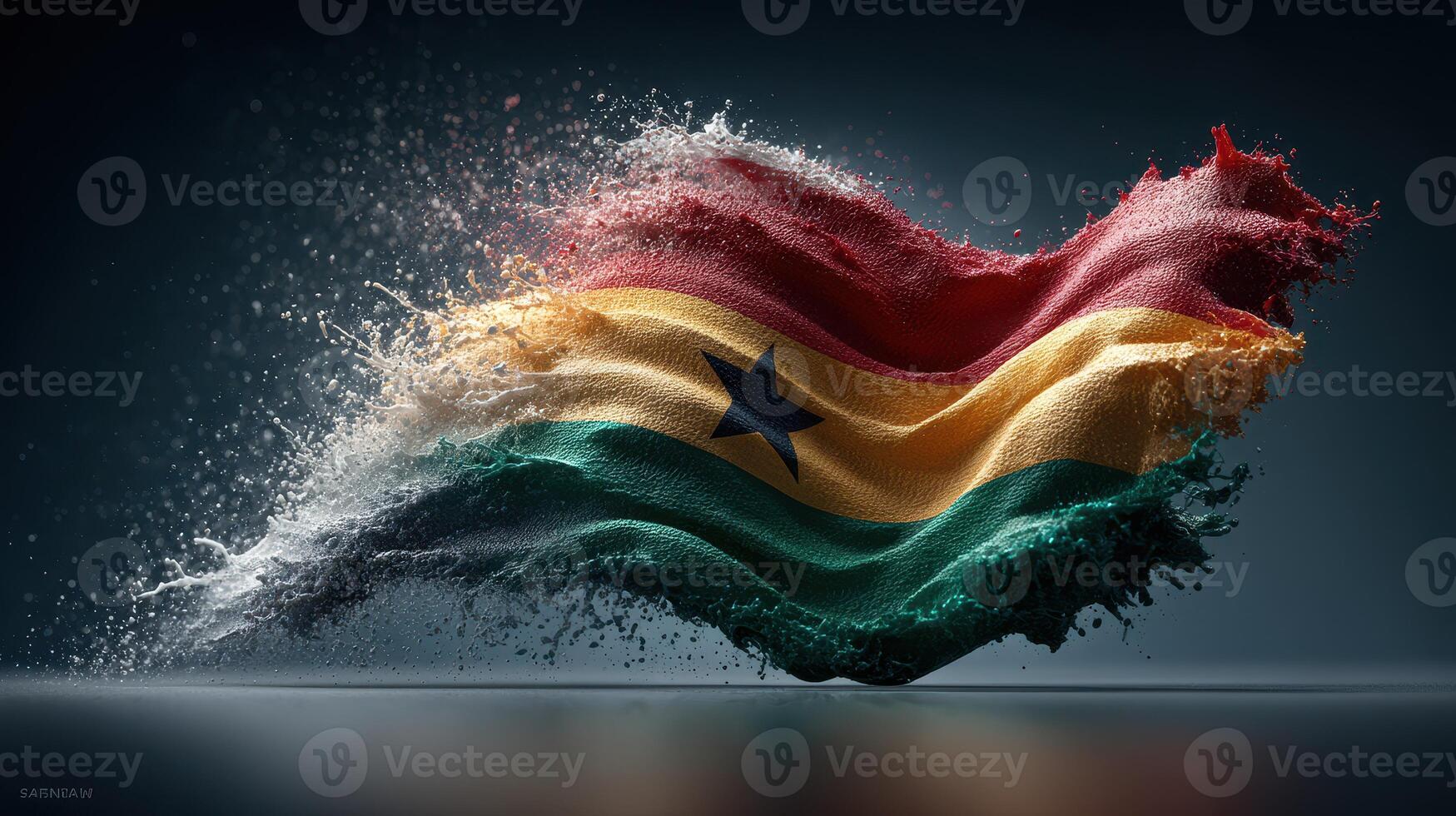 Waving flag of Ghana creating a spectacular splash effect in a darkened environment photo