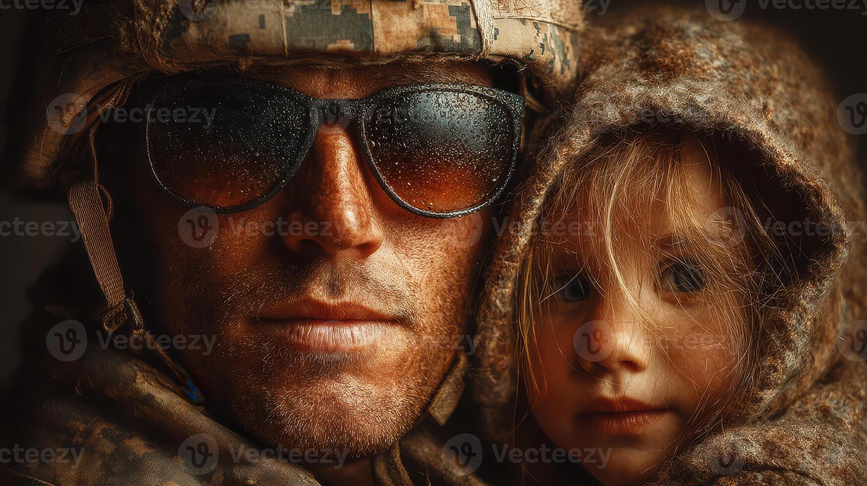 Soldier holds young child close during emotional reunion in a dimly lit environment showcasing deep bond and resilience photo