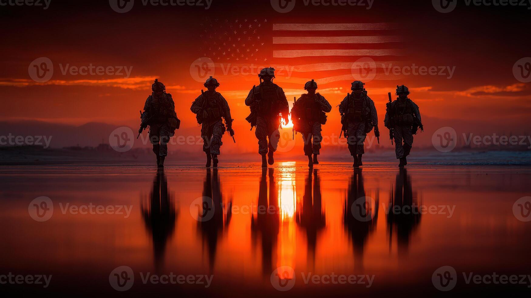 Soldiers march towards the sunset reflecting on calm waters with an American flag in the background photo