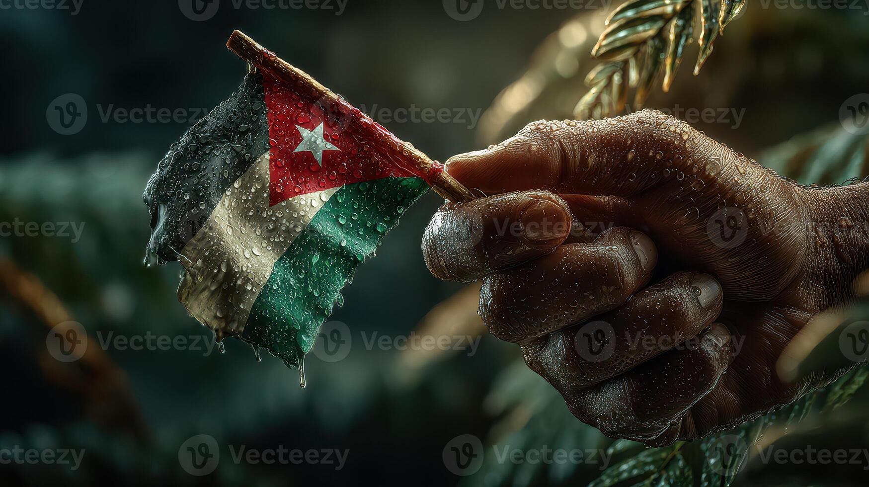 Hand holding a wet Cuban flag against a backdrop of green foliage on a rainy day in Cuba photo