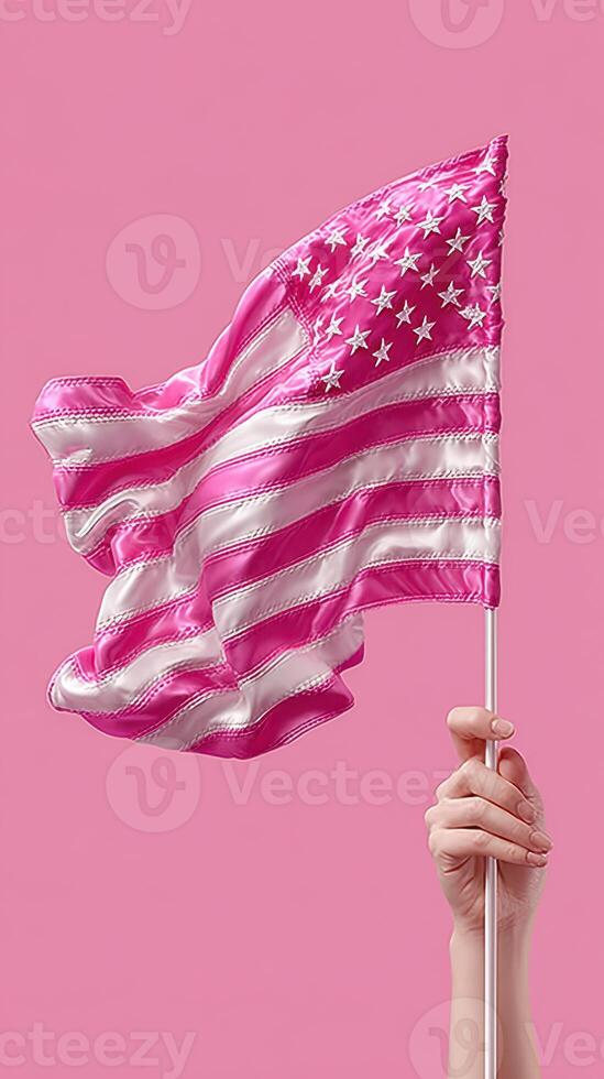 Bold pink American flag displayed by hand against a vibrant pink background in artistic representation of patriotism and creativity photo