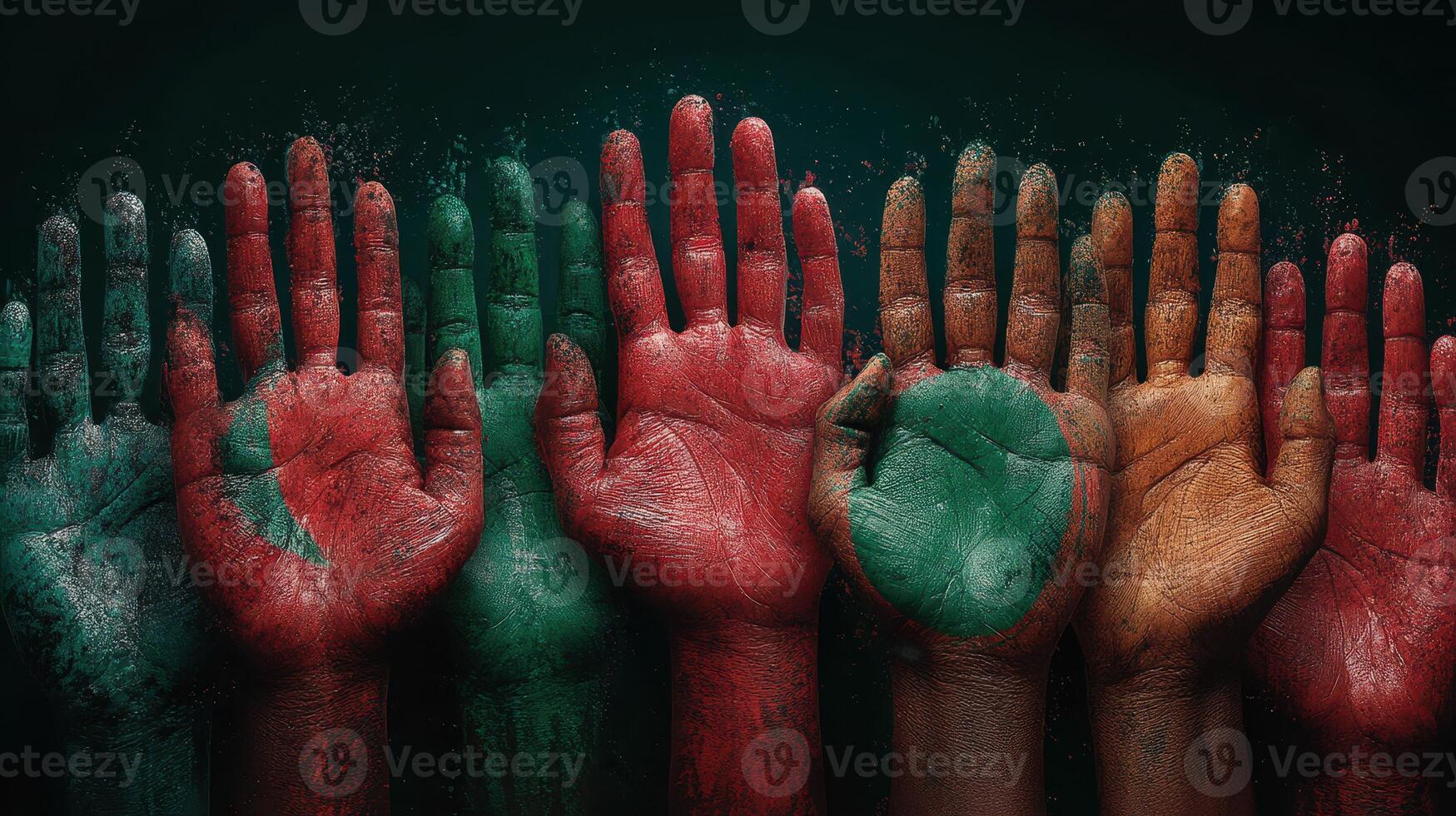 Multicolored hands representing unity and diversity during a cultural celebration in a vibrant setting photo