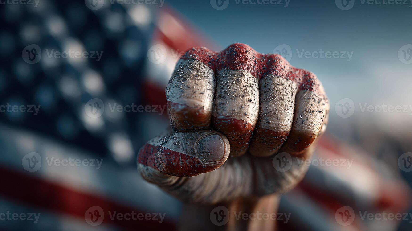Fist raised with pride in front of American flag during a moment of unity and strength photo