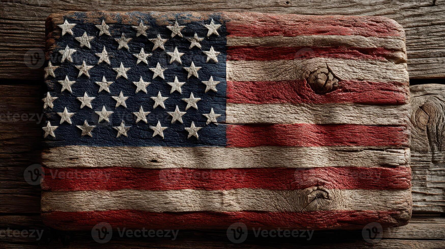 Rustic wooden depiction of the American flag with a vintage, weathered look photo