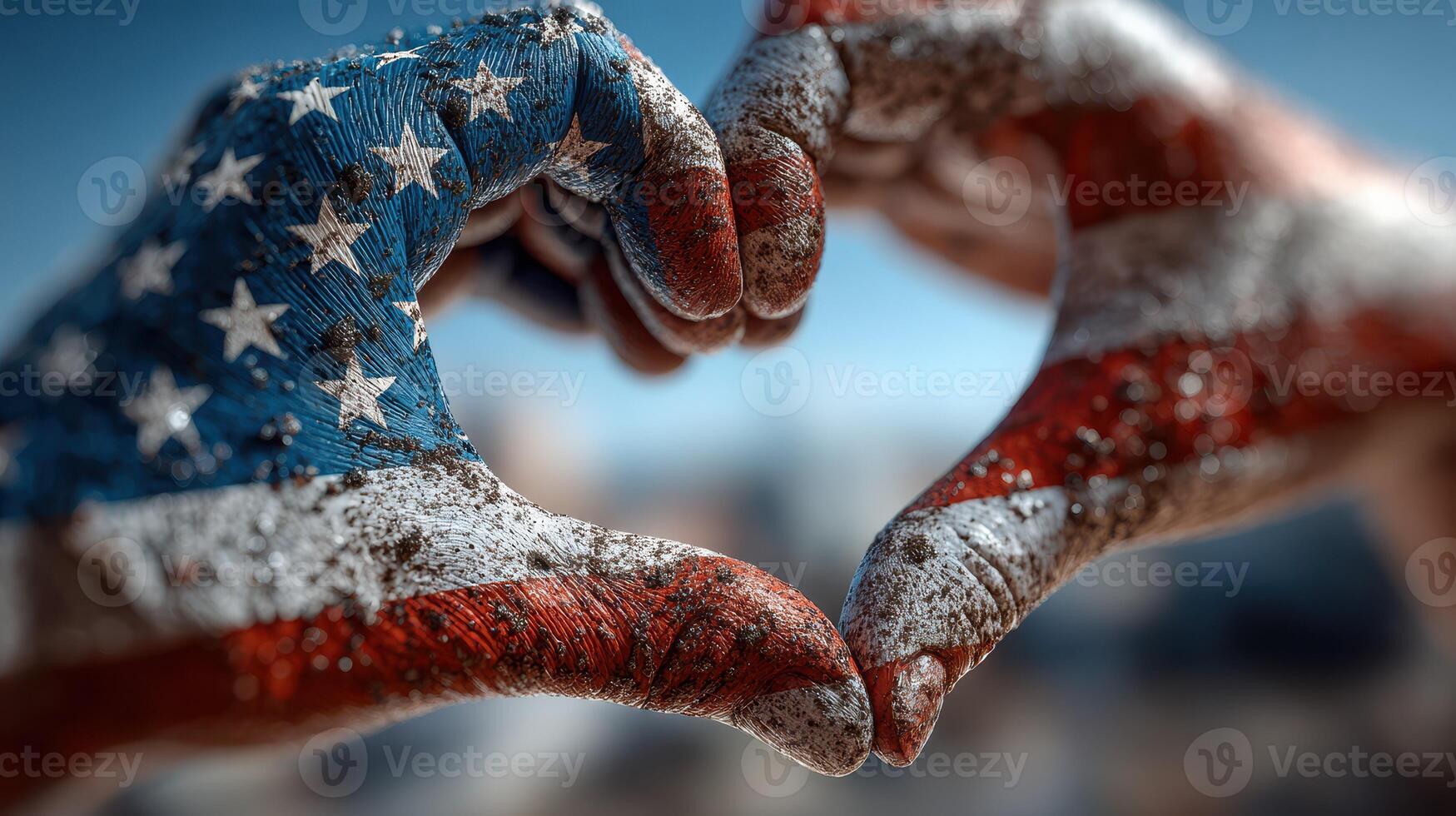 Hands painted with the American flag create a heart shape against a bright blue sky background photo