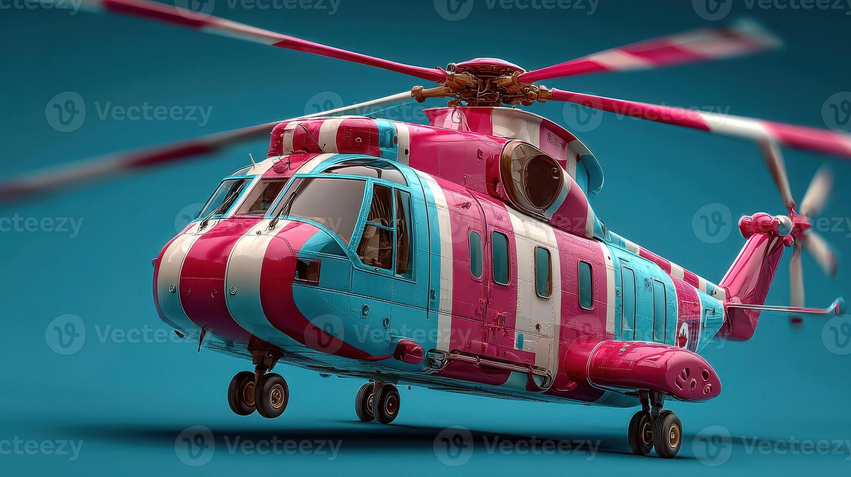 Helicopter with unique color scheme on solid background at indoor location photo
