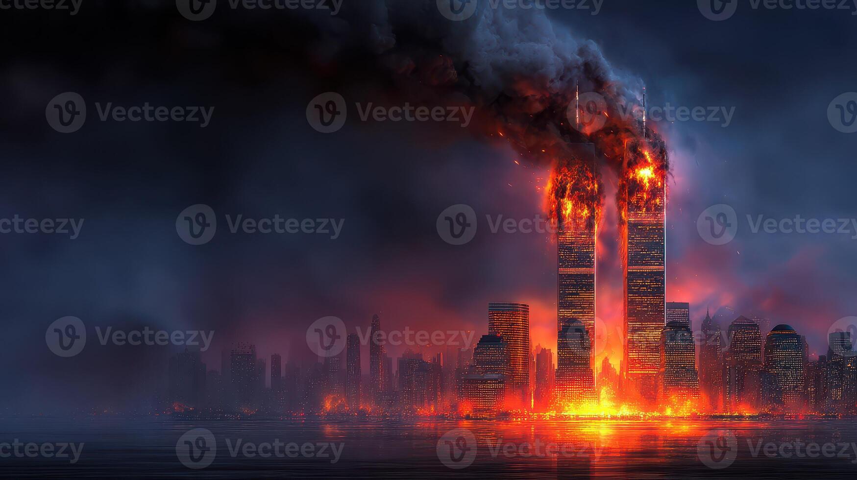 Destruction and chaos in a city skyline during a catastrophic event engulfing tall buildings in flames photo