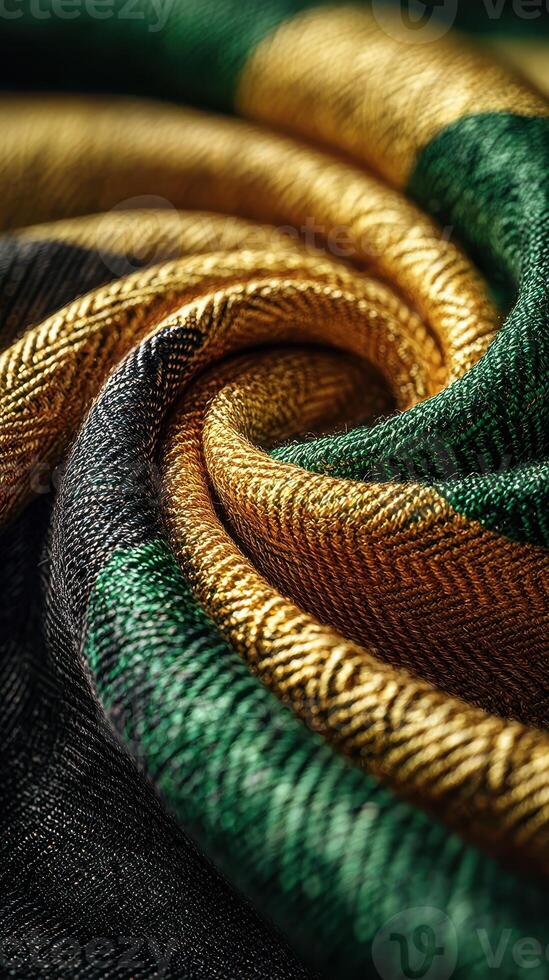 Intricate detail of woven fabric showcasing green, gold, and black patterns with a rich texture photo
