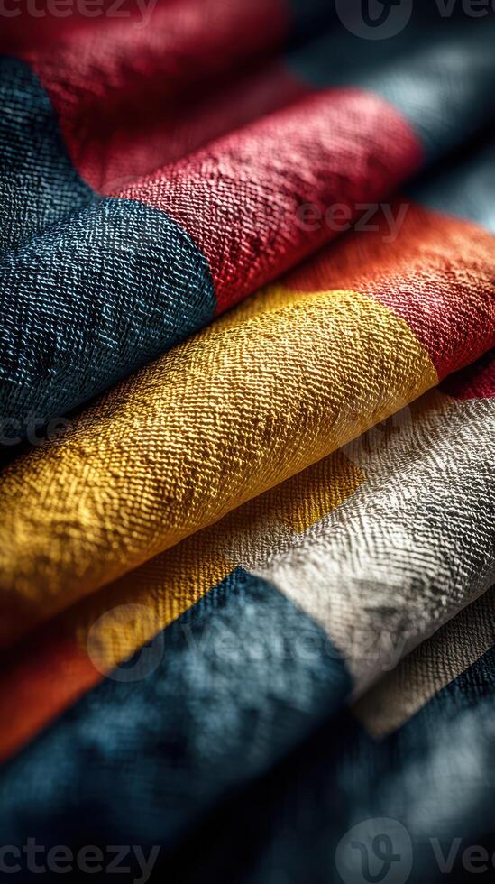 Textured fabric display with vibrant colors showcasing rich craftsmanship in a close-up view photo