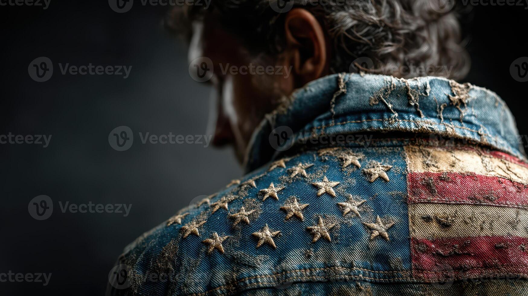Deteriorated denim jacket with American flag design worn by man in low light setting photo