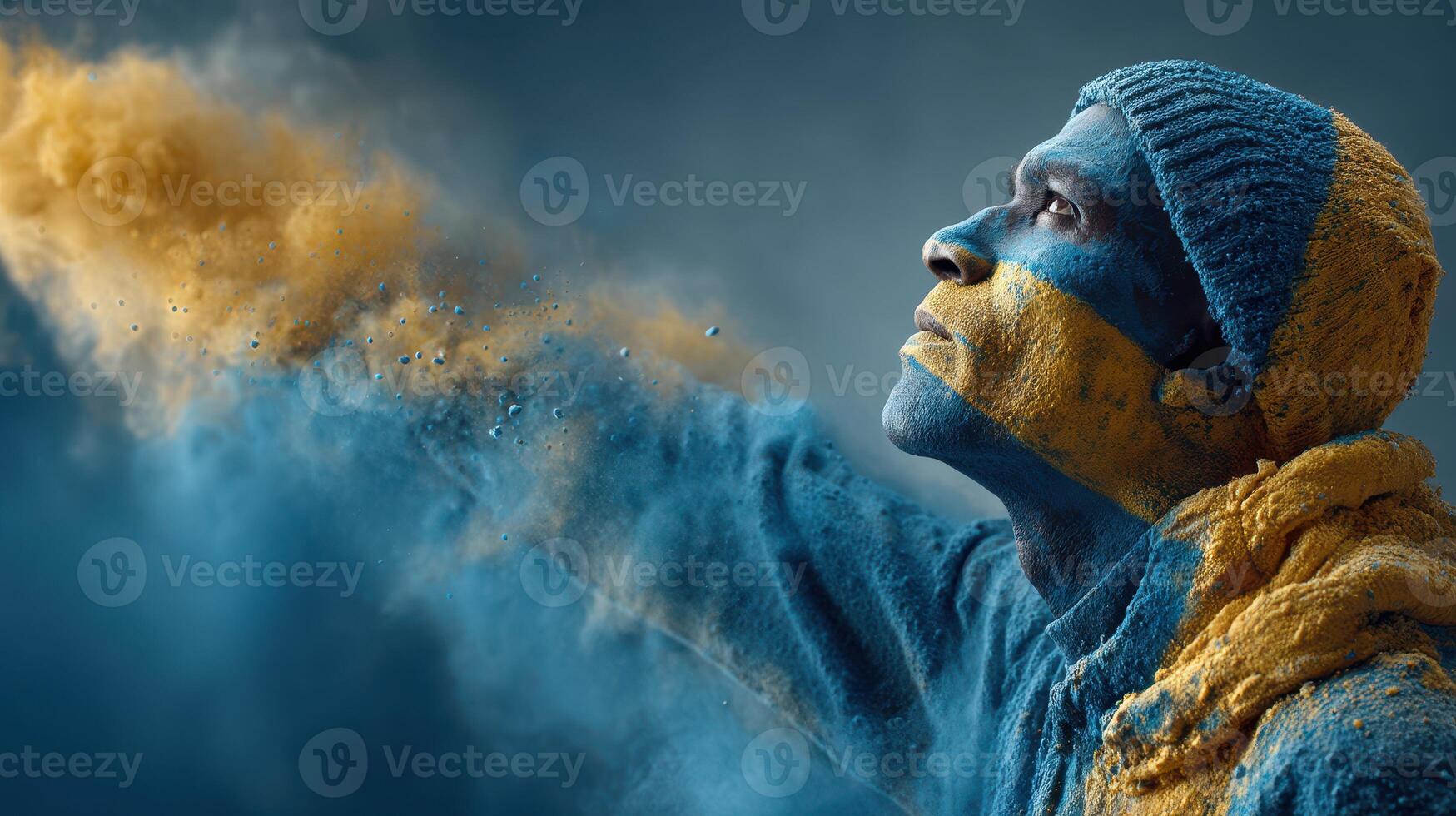 Vibrant celebration of color with a person expressing joy during a festival in a creative atmosphere photo