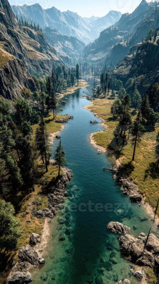 Breathtaking river winding through lush mountains and green forests during a sunny day in a serene landscape photo