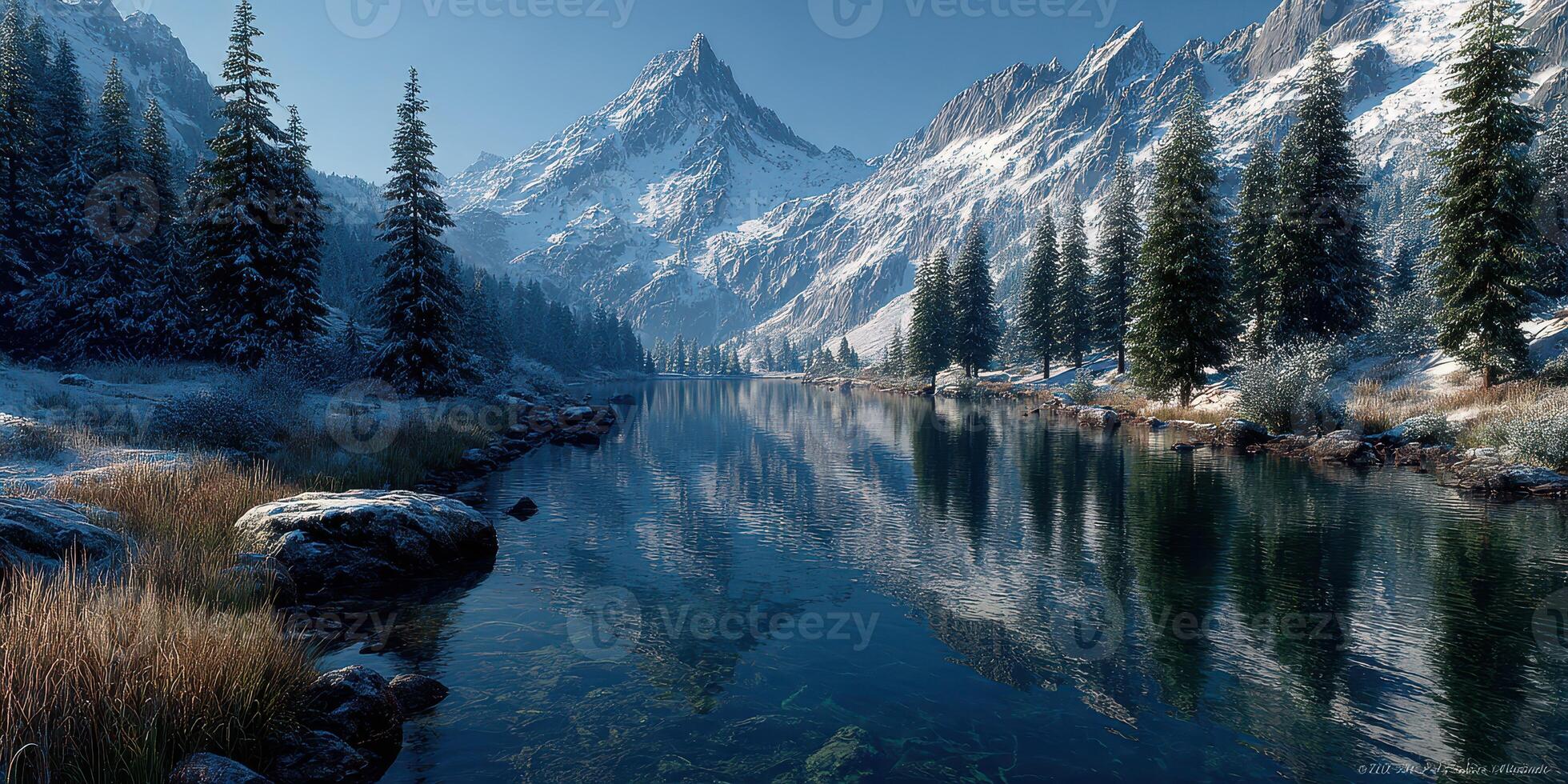 Winter landscape featuring snow-covered mountains, a serene river, and evergreen trees in a peaceful natural setting photo