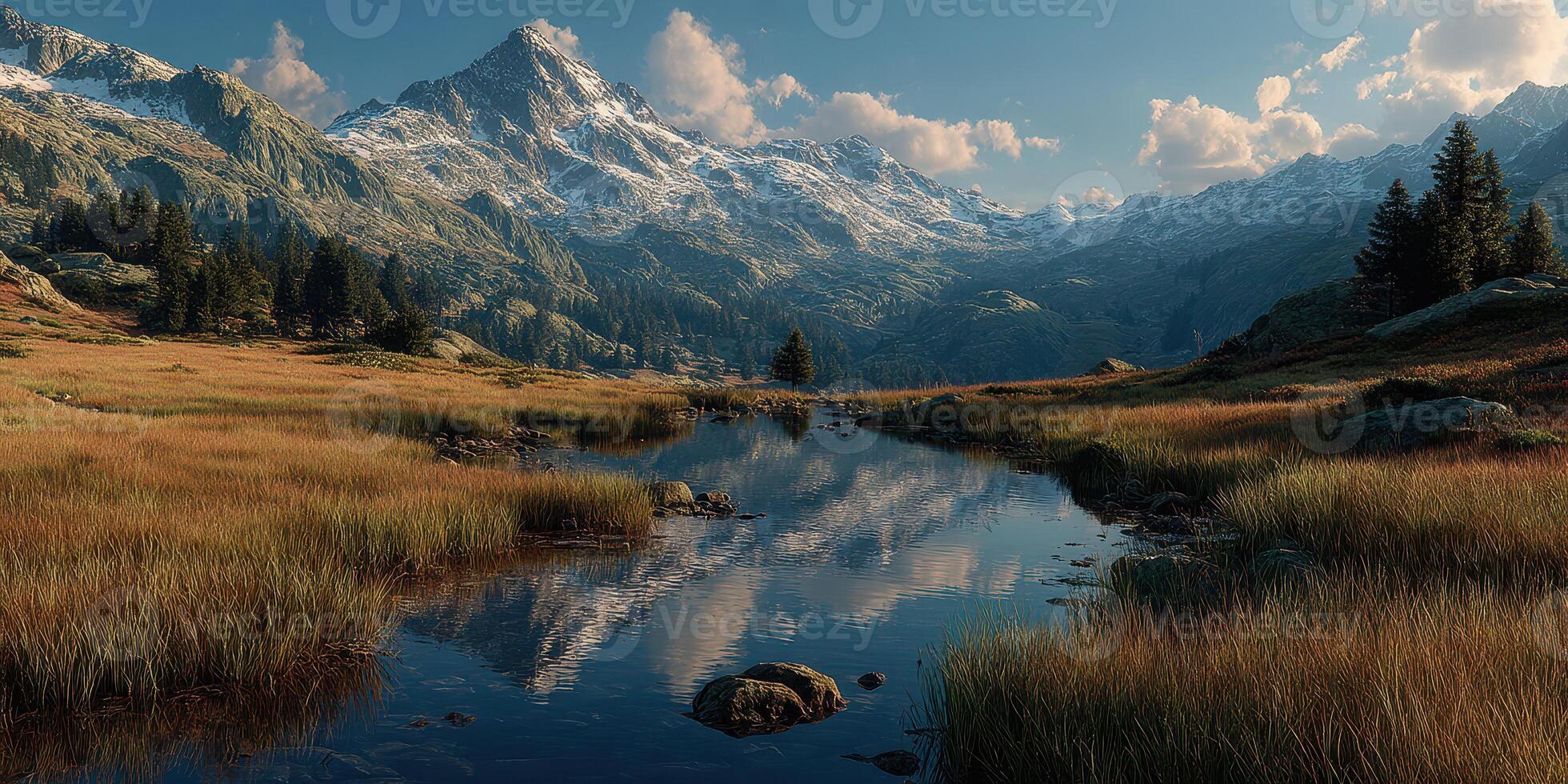 Breathtaking mountain landscape with reflection at dawn in a serene valley photo