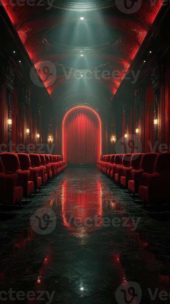 Elegant theater interior with red seating and dramatic lighting creating a captivating atmosphere for performances photo