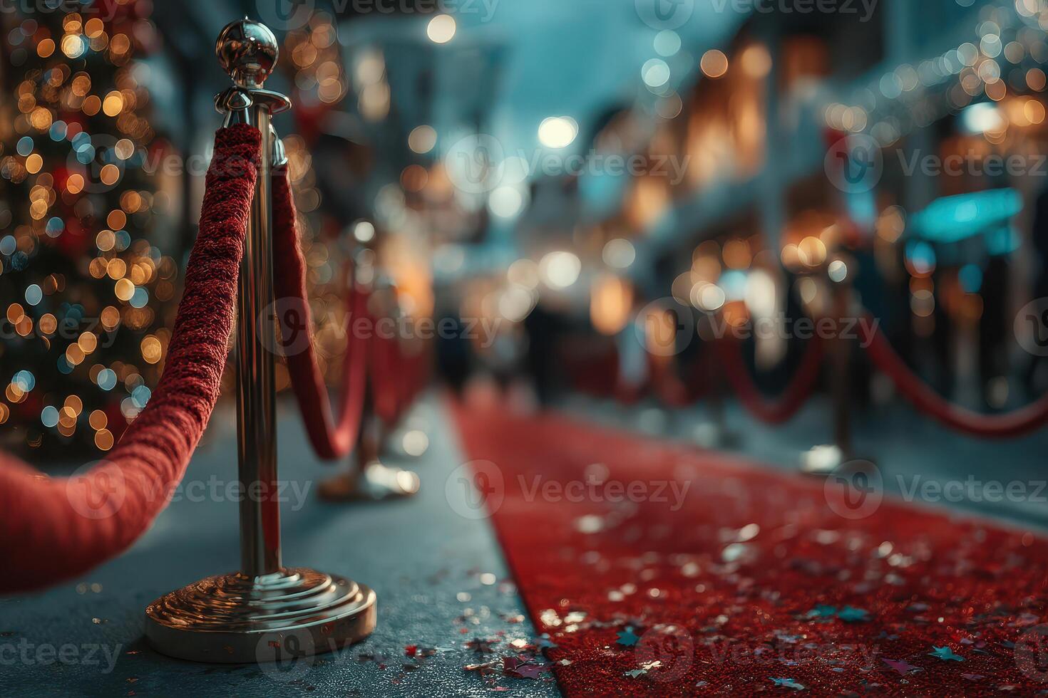 Red carpet event with festive decorations at nighttime attracting visitors and creating a glamorous atmosphere photo