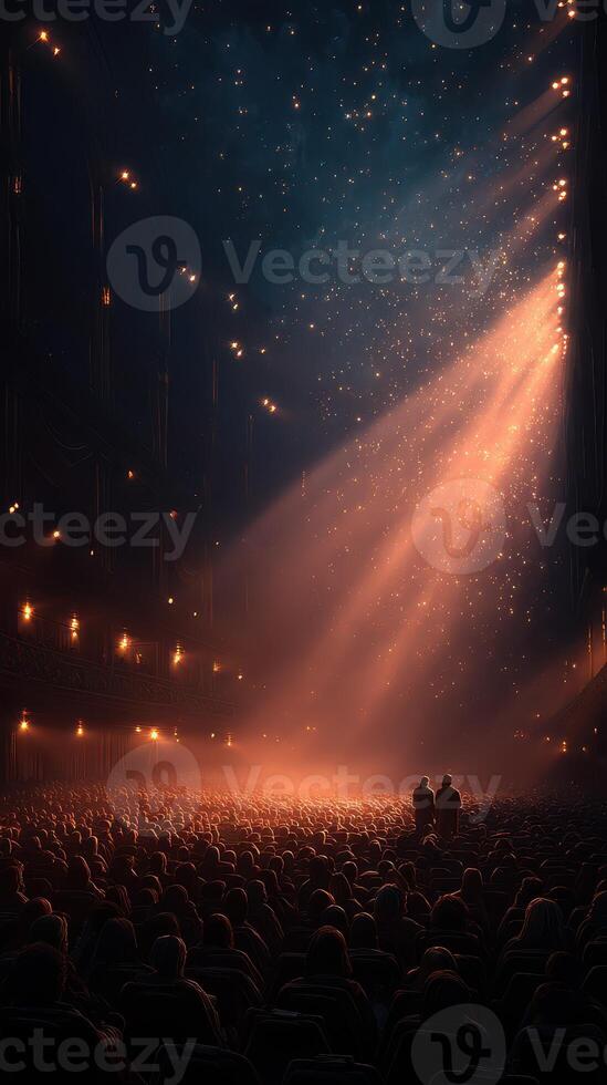 Crowd gathers in dim theater as beams of light illuminate stage and audience during a captivating performance photo