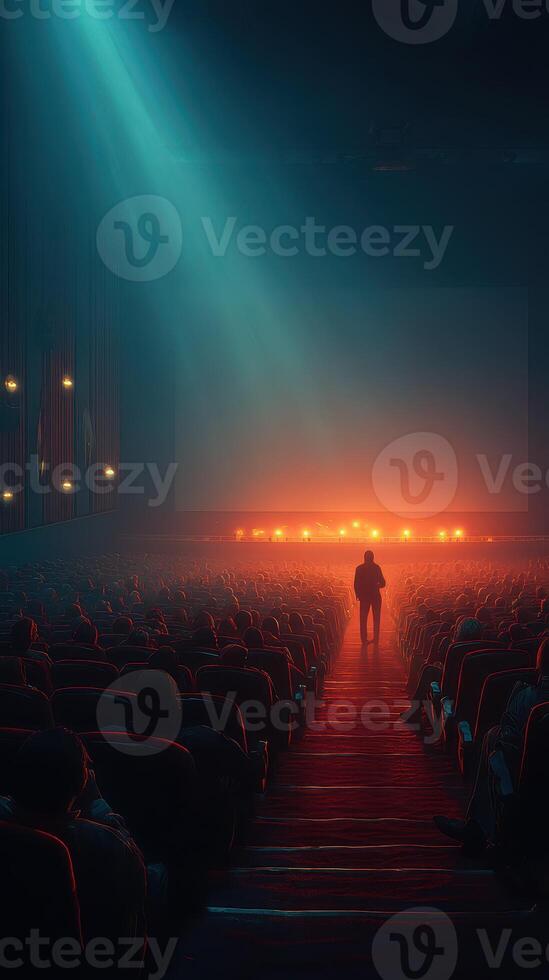 Crowd gathers in cinema during dramatic performance with enhanced lighting effects photo