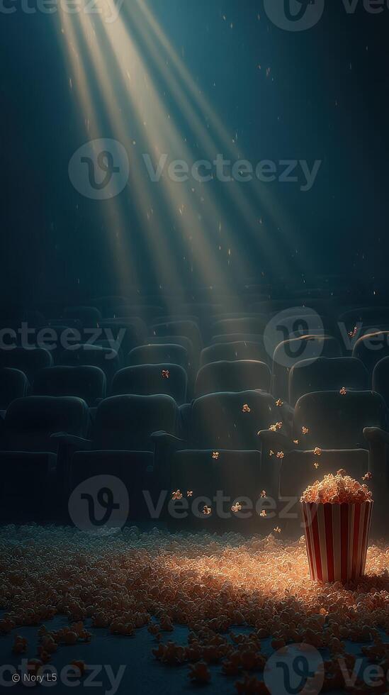 Soft rays of light illuminate scattered popcorn in an empty theater during an afternoon screening photo
