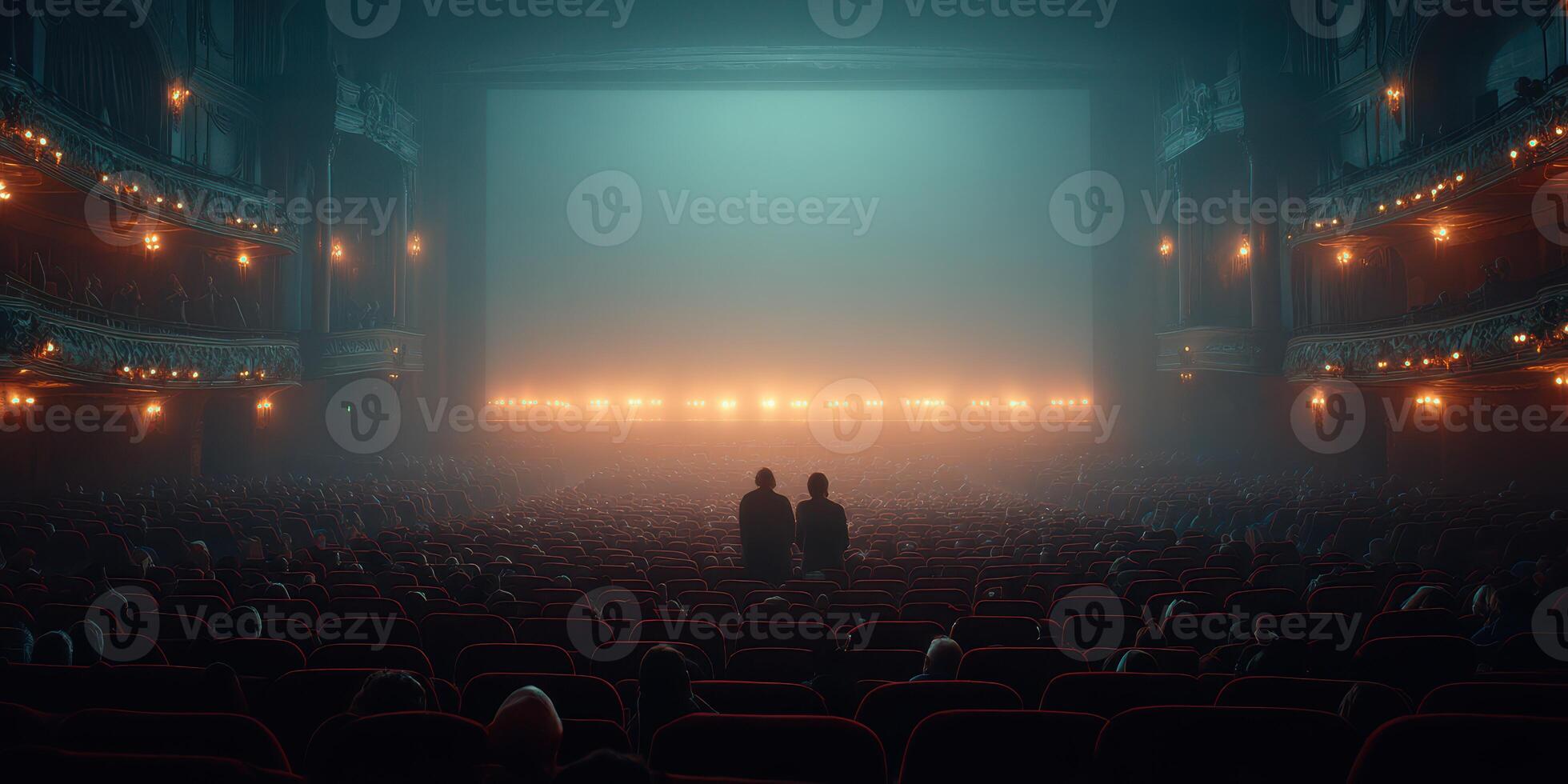 Couple enjoys captivating cinematic experience in a classic theater filled with anticipation at night photo