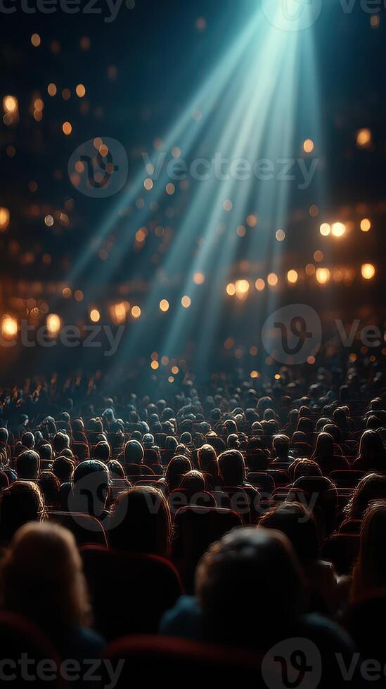 Crowded theater filled with audience members enjoying a live performance during the evening hours photo