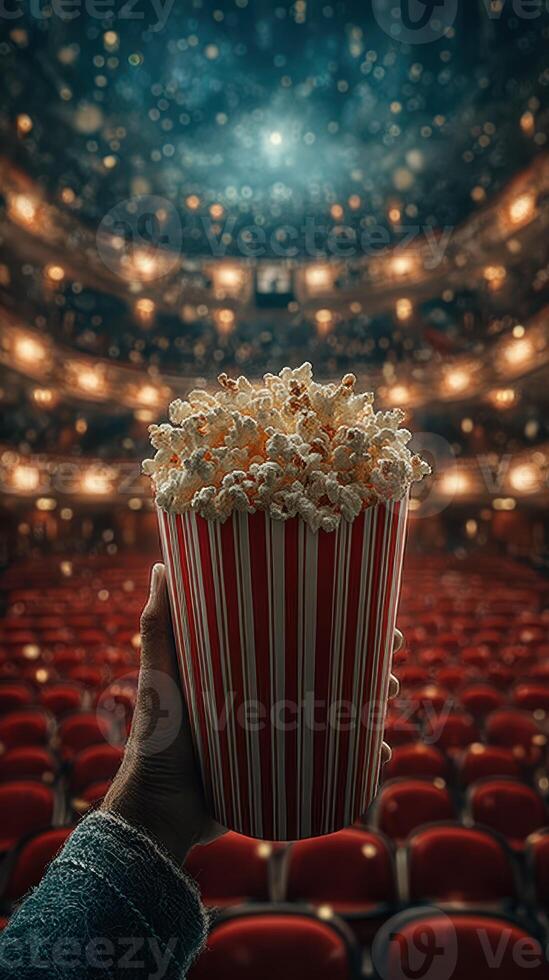 Crowd-filled theater with a hand holding a large bucket of popcorn during an evening performance photo