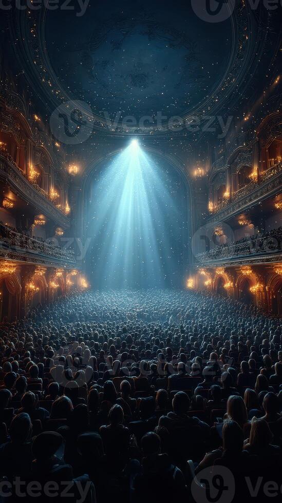 Crowd gathered in a grand theater during a performance with dramatic lighting and ornate architecture photo
