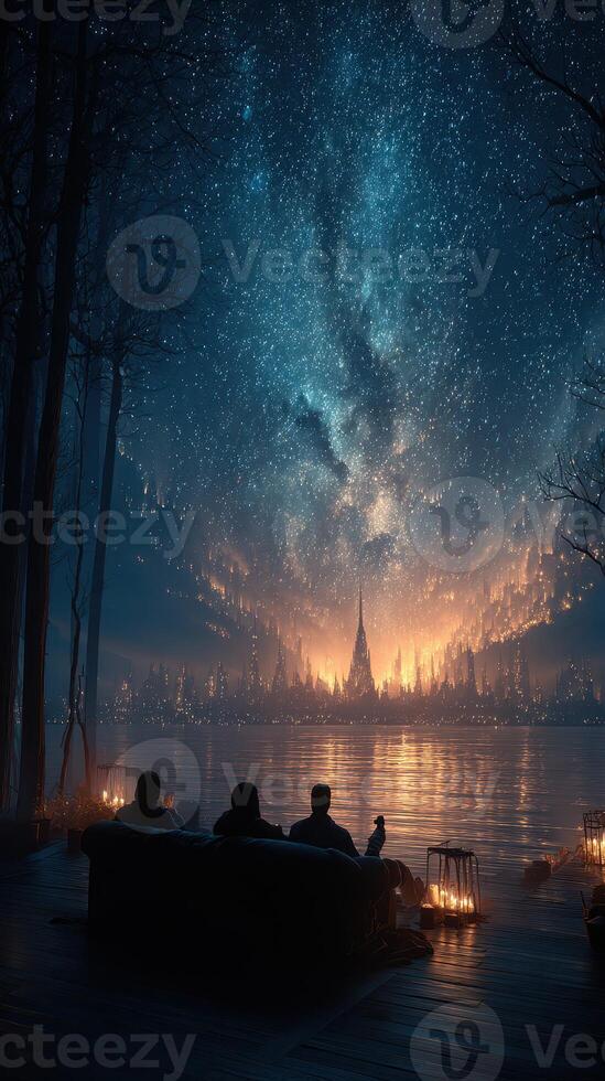 Enjoying a night by the lake while stargazing at a cosmic view of the glowing city and a bright Milky Way galaxy photo