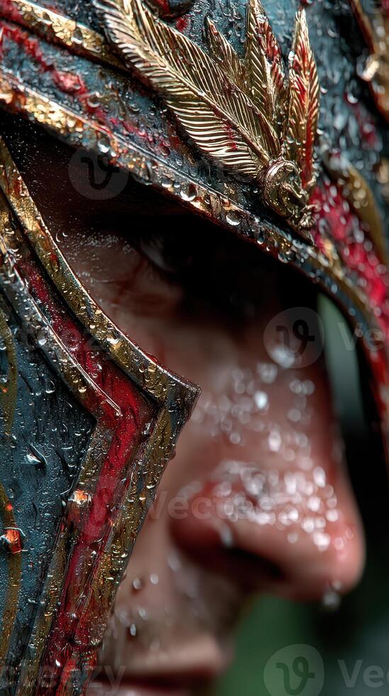 Detailed close-up of a warrior's ornate helmet glistening with rain during a tense moment in a historical reenactment photo