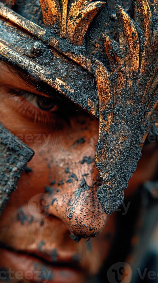 Warrior in ornate armor displays intense gaze amid battle preparations in a textured landscape photo