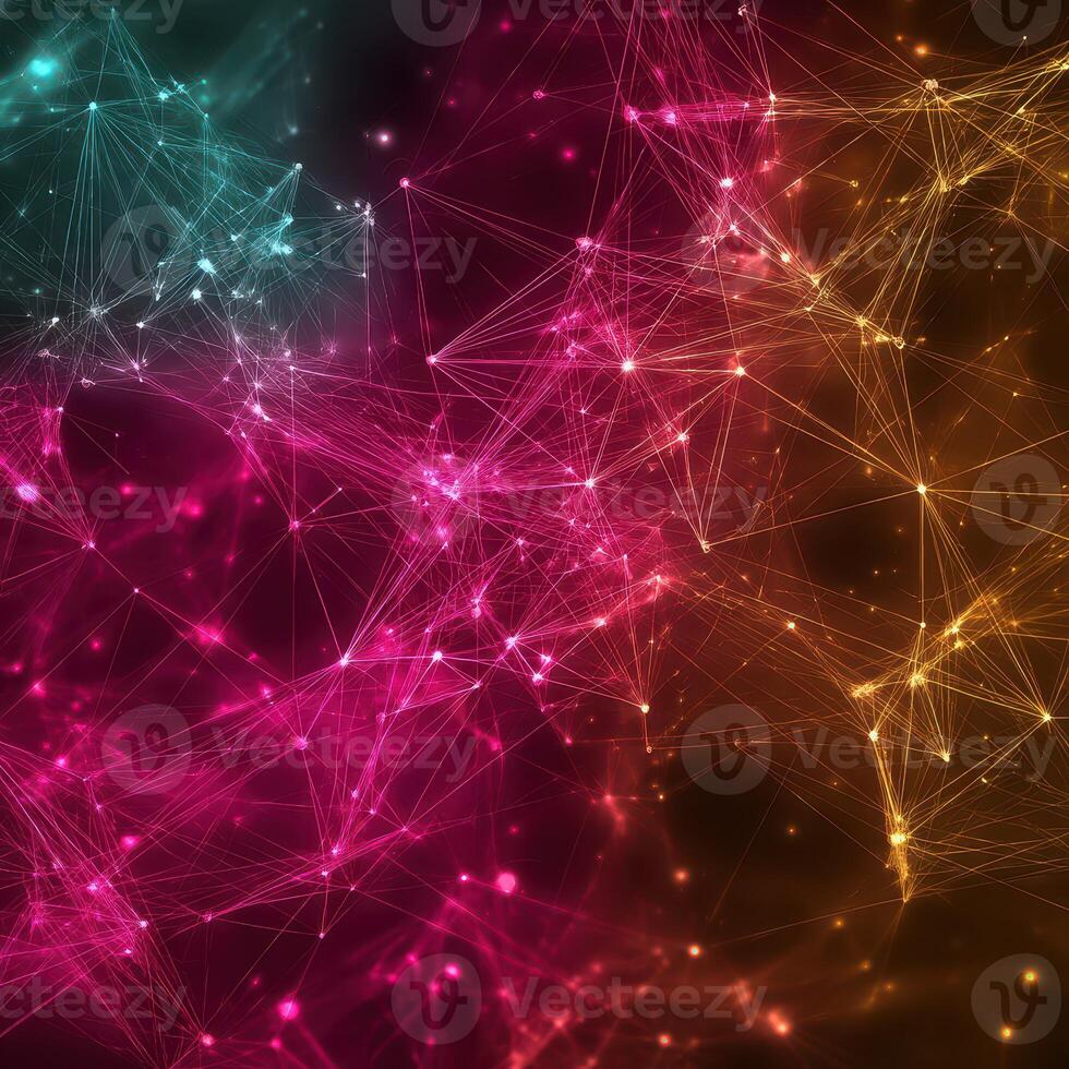 Vibrant abstract digital network consisting of colorful nodes and lines in a dark background photo