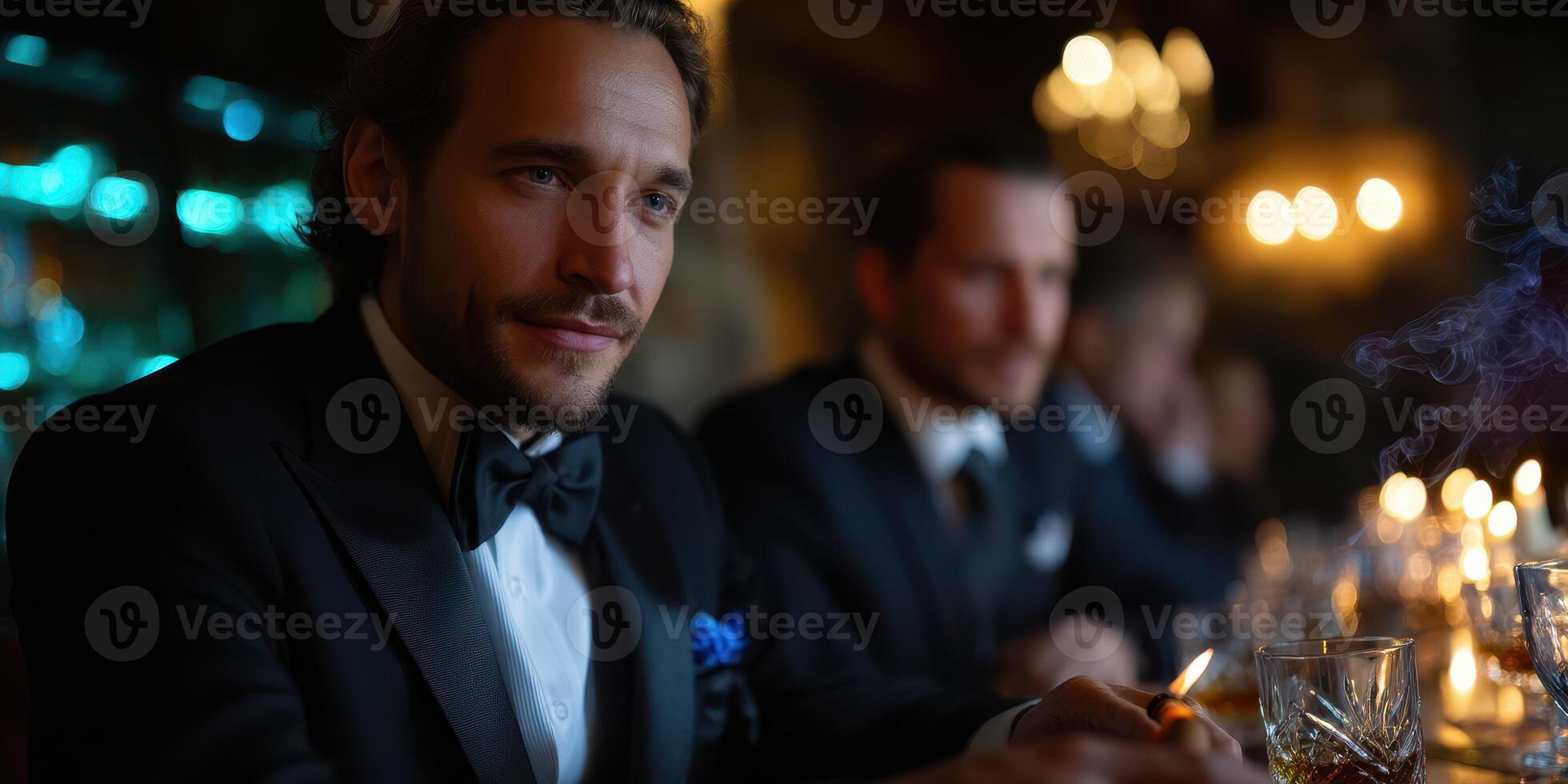Sophisticated evening gathering in a dimly lit bar with well-dressed men enjoying cocktails and conversations photo