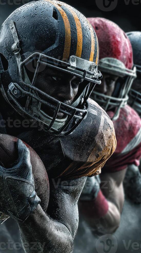 Intense football players competing during a high-stakes match in a packed stadium under bright lights at night photo