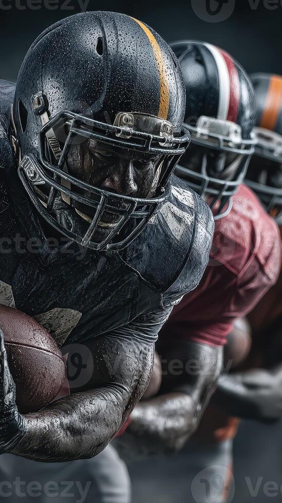 Intense football players preparing for a game during a rainy night under stadium lights photo