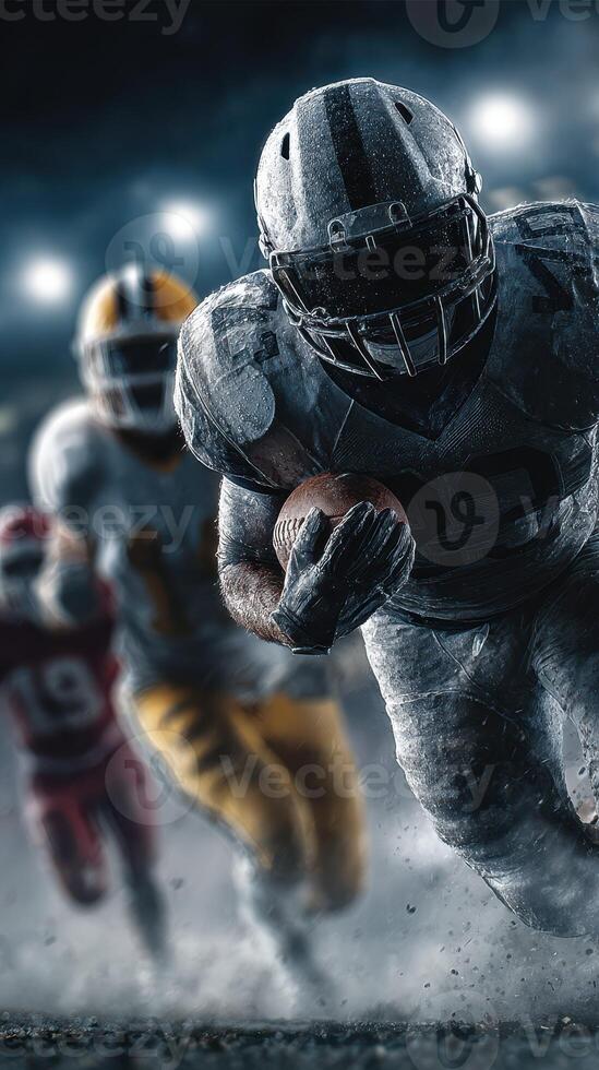 Intense football player running towards the end zone during a night game in a rain-soaked stadium with bright stadium lights photo