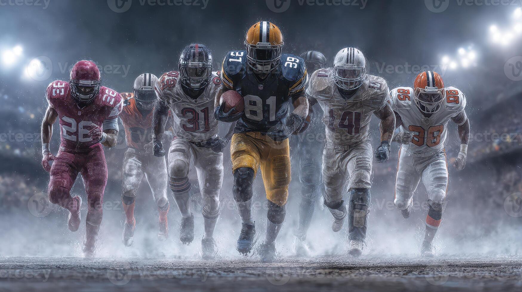 Intense football game at a night stadium with players competing in a dramatic play during a rainy match photo