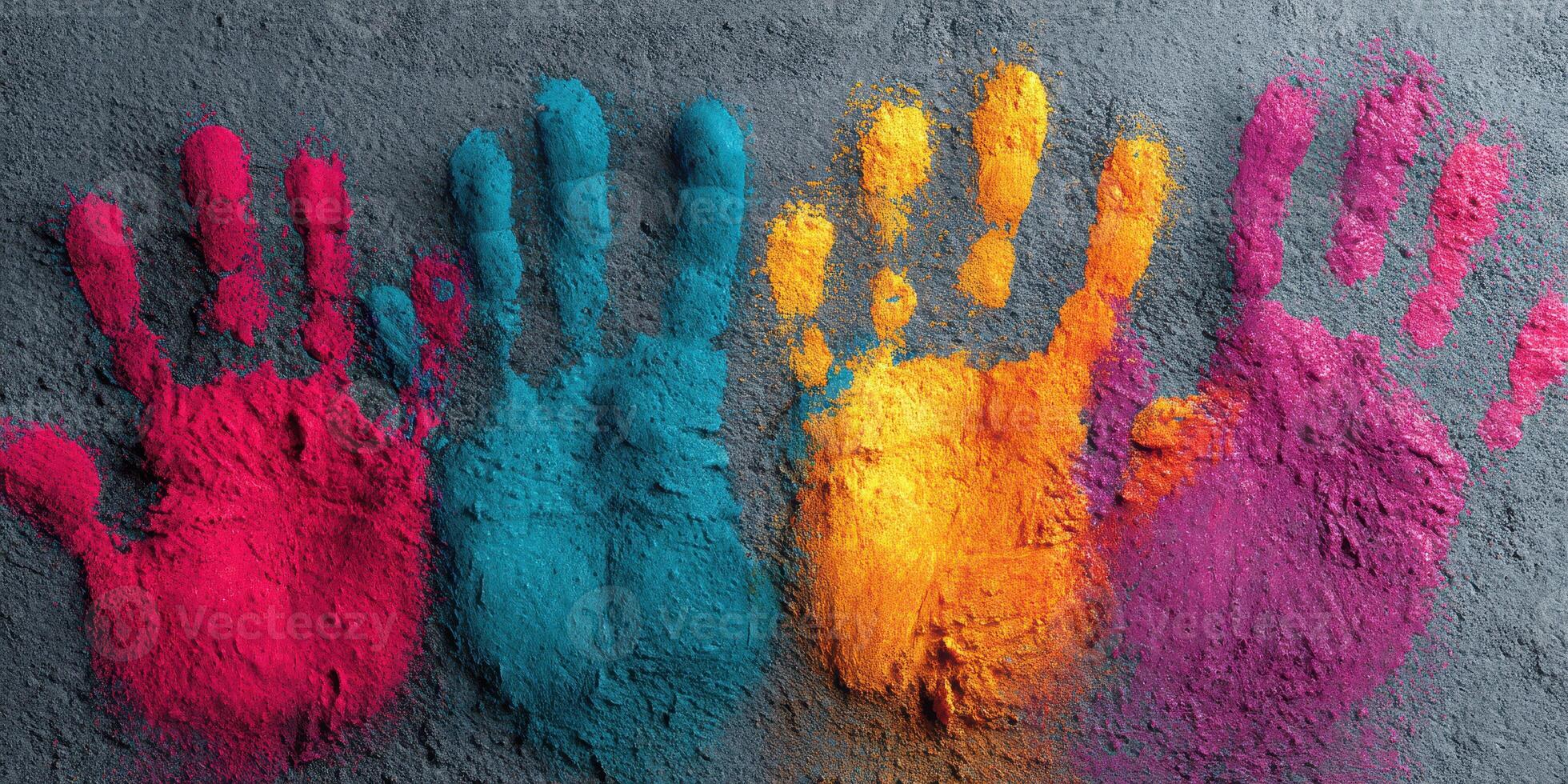 Colorful handprints create a vibrant display on grey surface during creative art activity photo