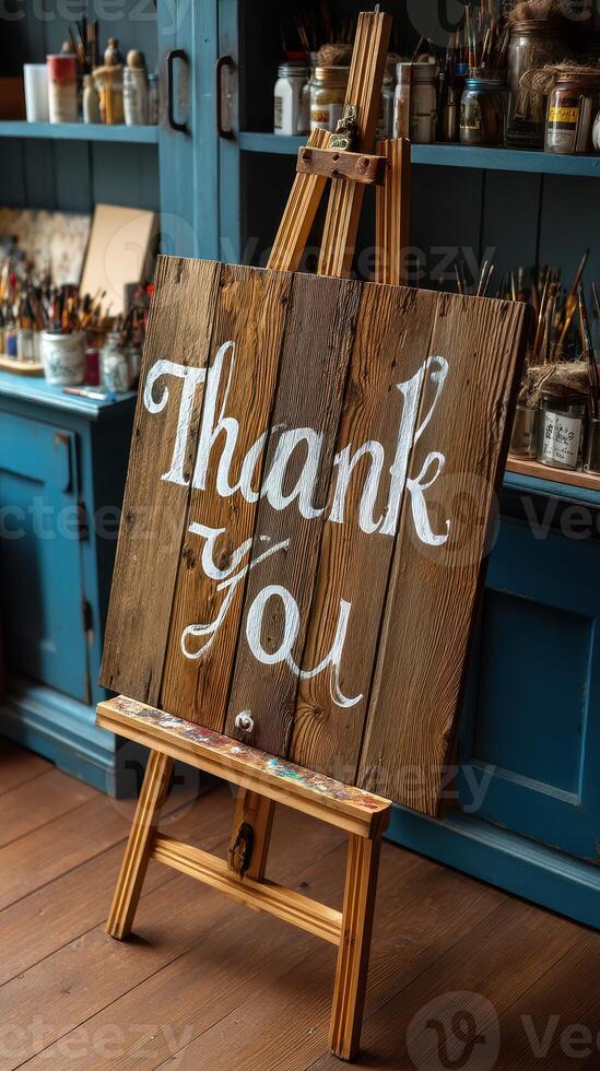 Handcrafted thank you sign on an easel displayed in a cozy art studio with colorful supplies photo