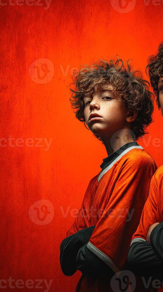 Young players pose confidently in orange jerseys against a vibrant red background photo