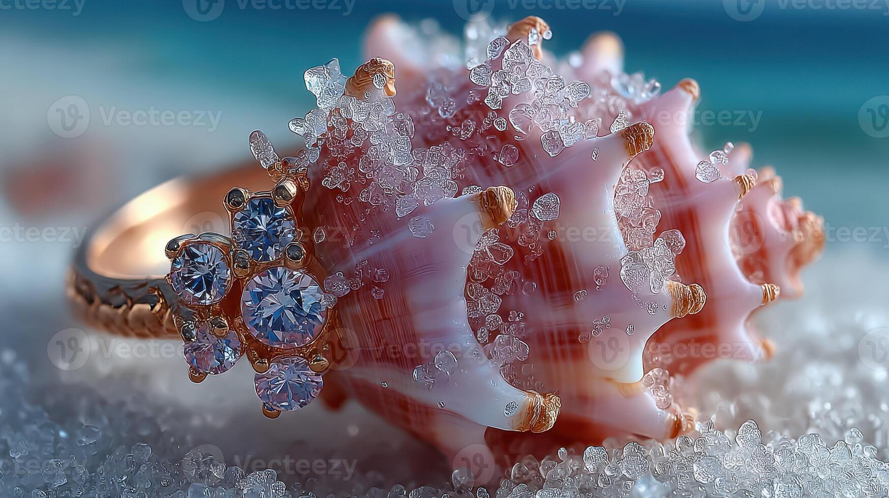 Stunning ring crafted from a shell adorned with sparkling diamonds on a sandy beach photo