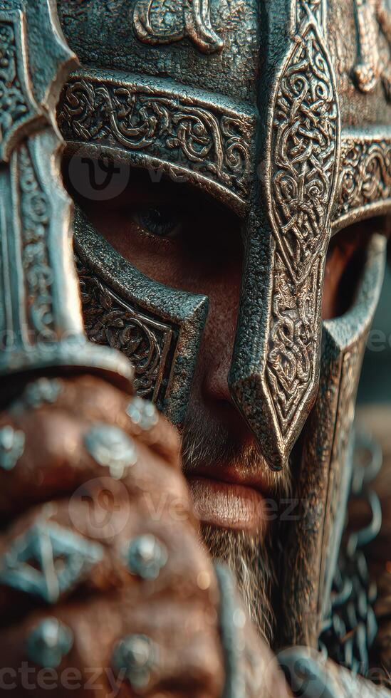 Warrior in ornate armor focuses with determination during a medieval reenactment in a rustic environment at sunset photo